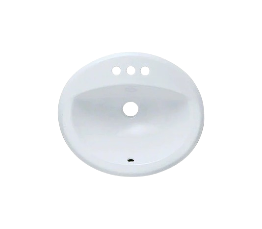 Oval white drop-in bathroom sink with three faucet holes