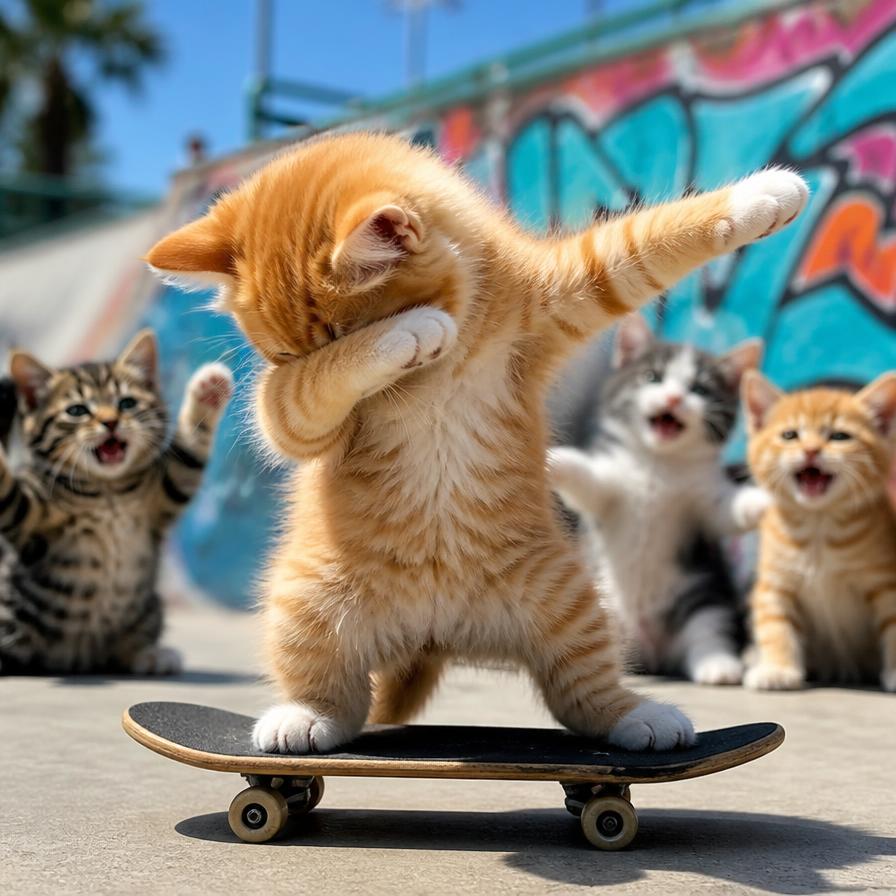 Kitten on skateboard dabbing with crowd