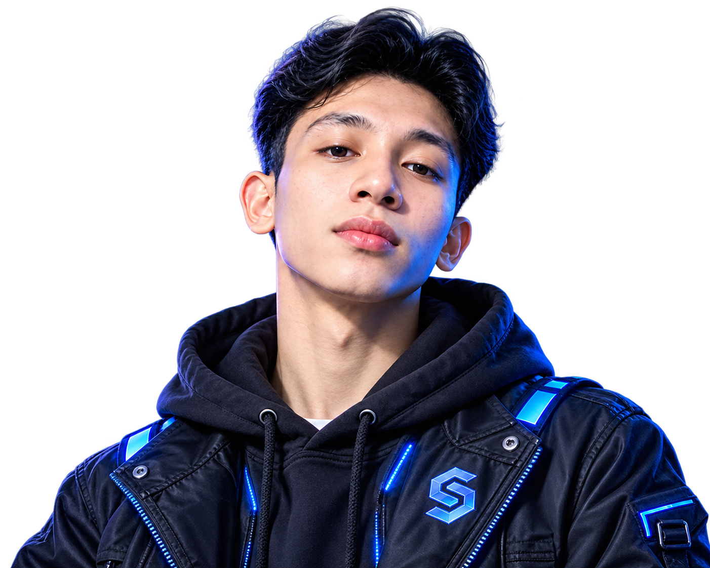 Founder Synthetix mengenakan jaket futuristik biru