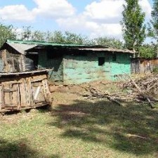 Verfallene Hütte mit grünem Blechdach im Dorf Makuyu