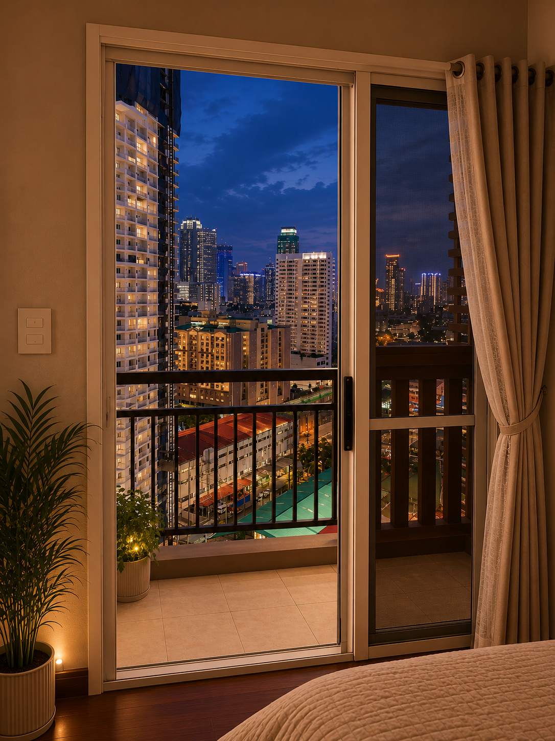 Bedroom with panoramic city skyline views