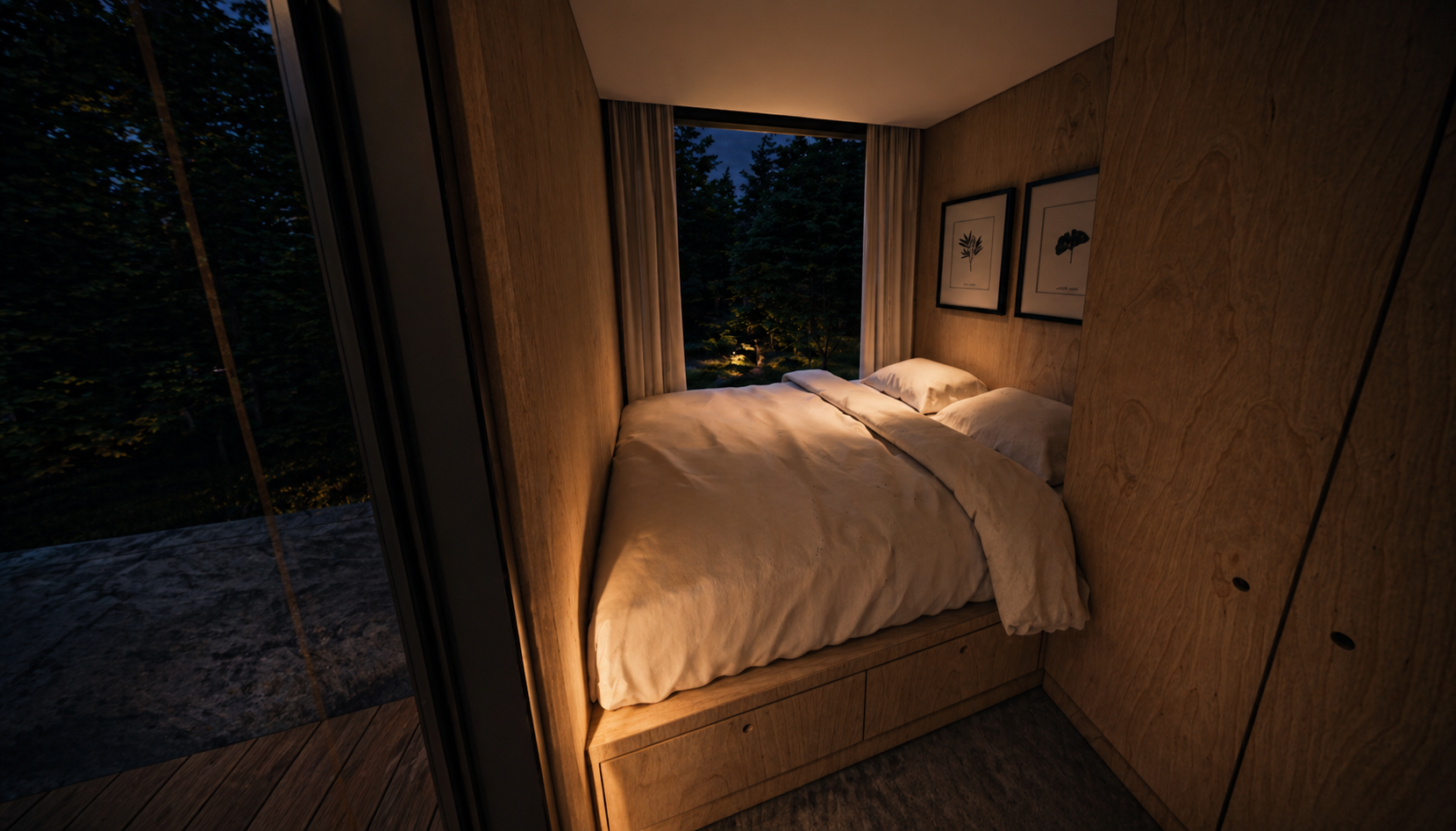 Chambre avec lit encastré et vue sur forêt