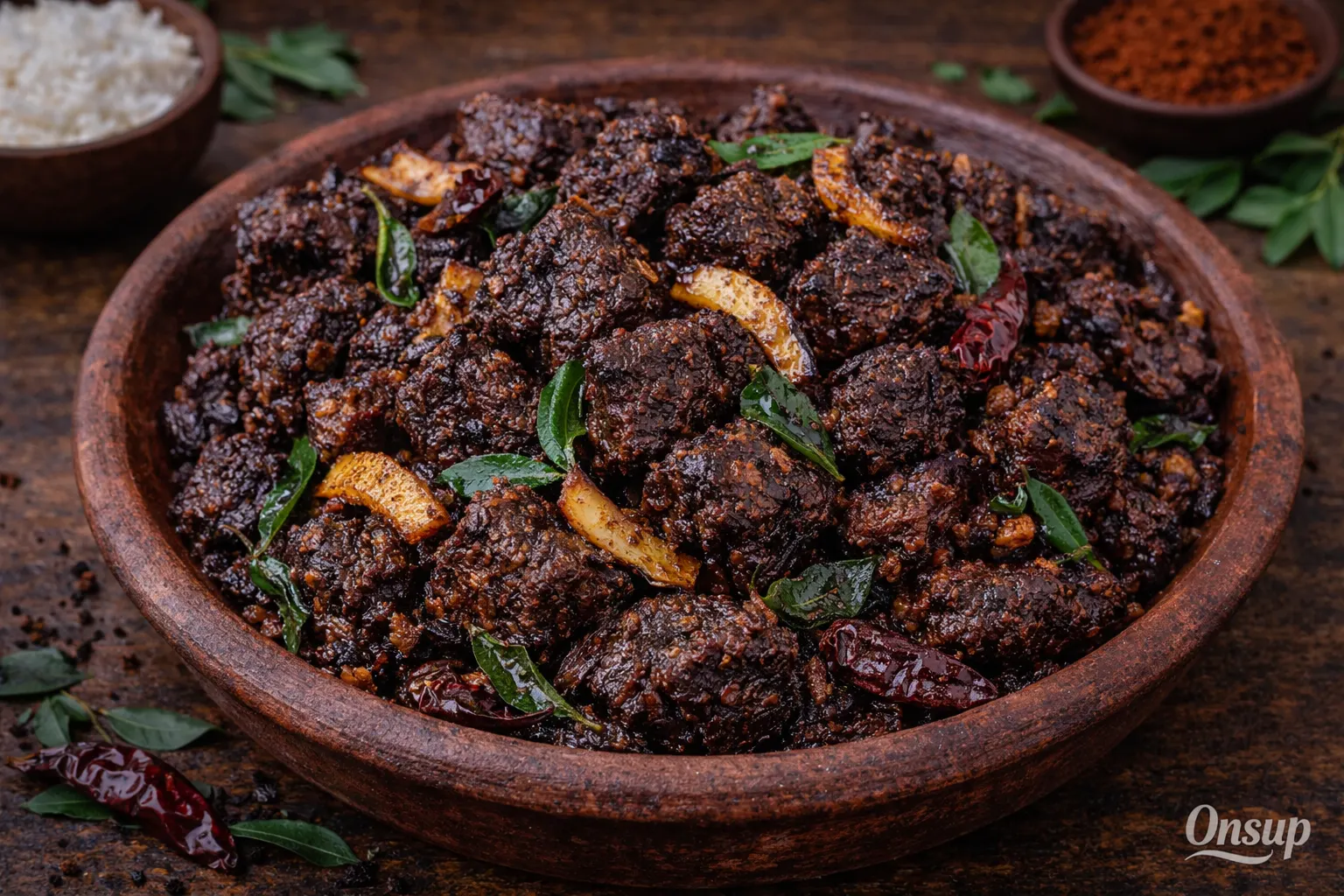 Kerala style beef fry – dark dry beef with curry leaves and coconut in a clay bowl