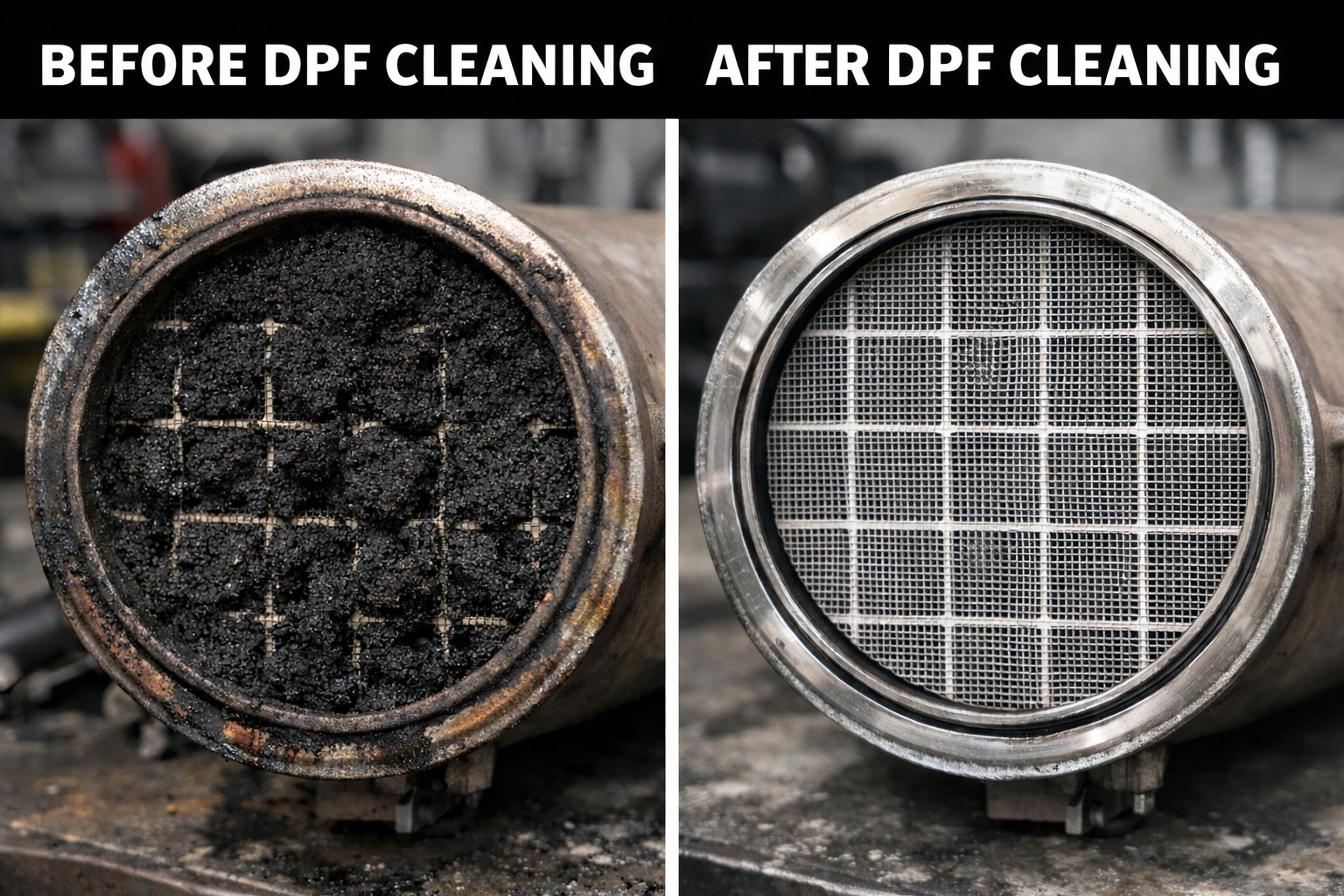 Before and after DPF cleaning comparison showing clogged dirty filter on left and clean pristine filter on right