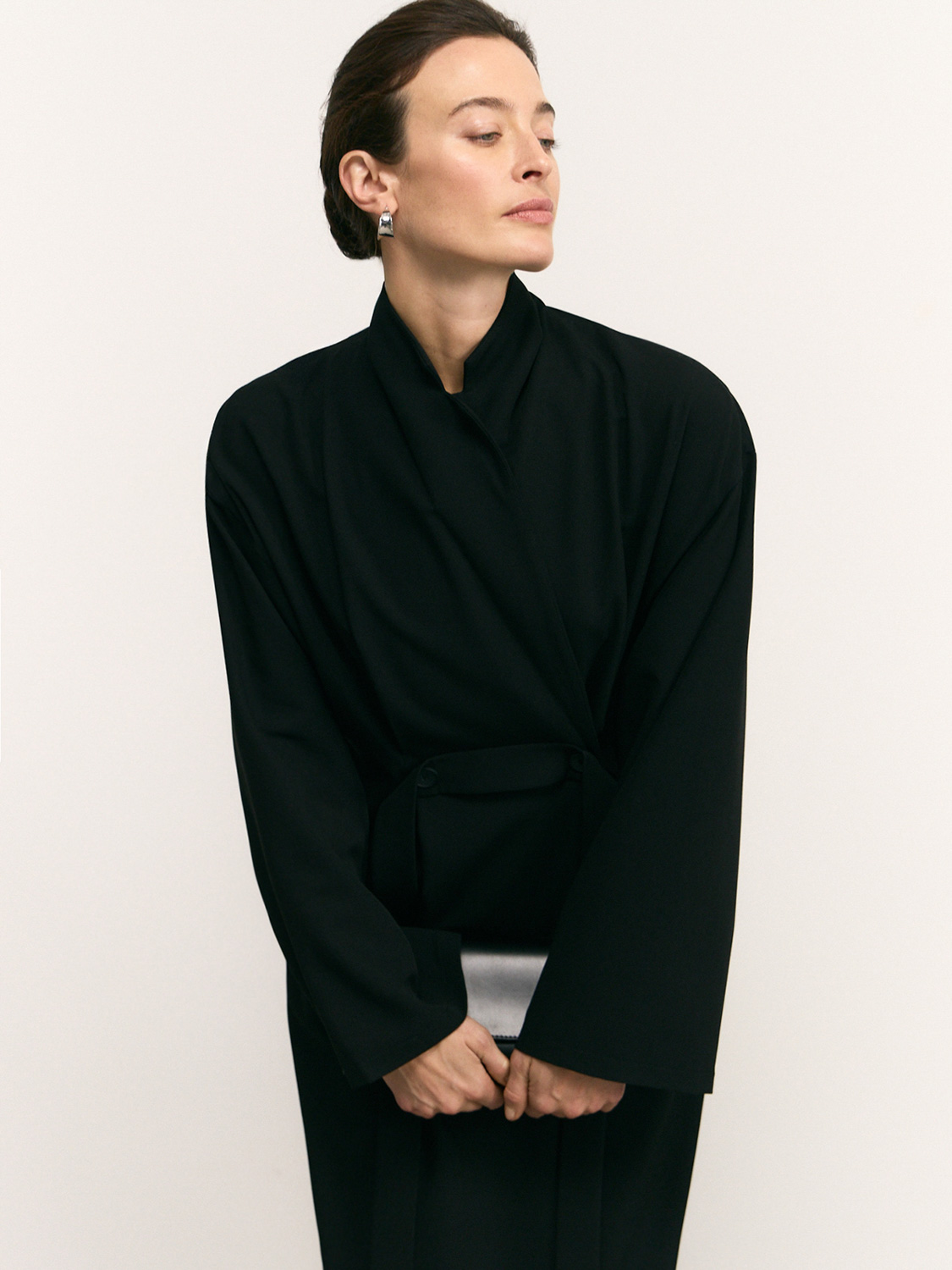 Lookbook before retouching — black wrap jacket