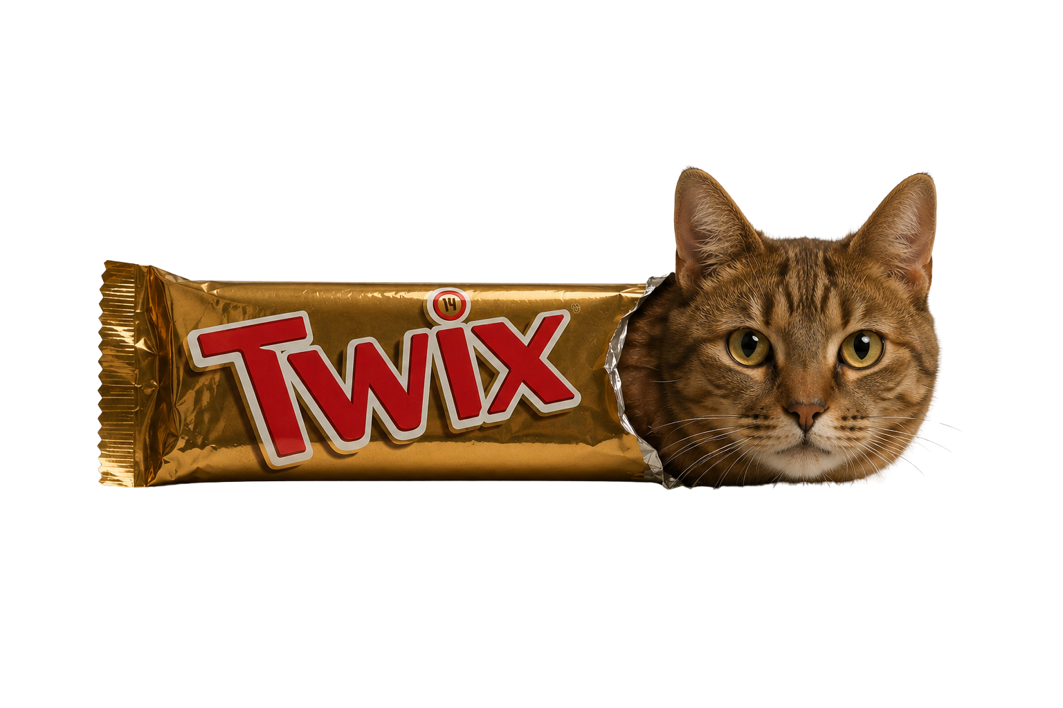 Gold Twix chocolate bar wrapper with a tabby cat's head peeking out from the torn foil end