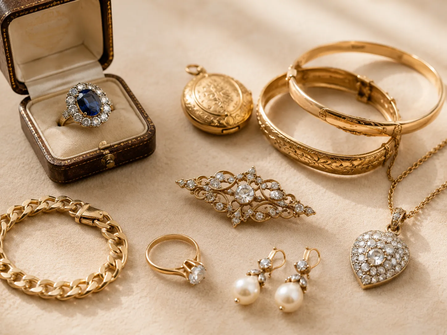 Collection de bijoux anciens en or — bagues, bracelets, broches et colliers