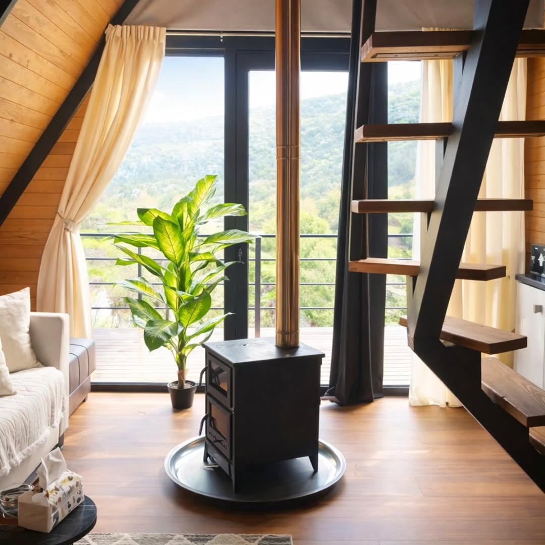 Interior with wood stove and mountain views