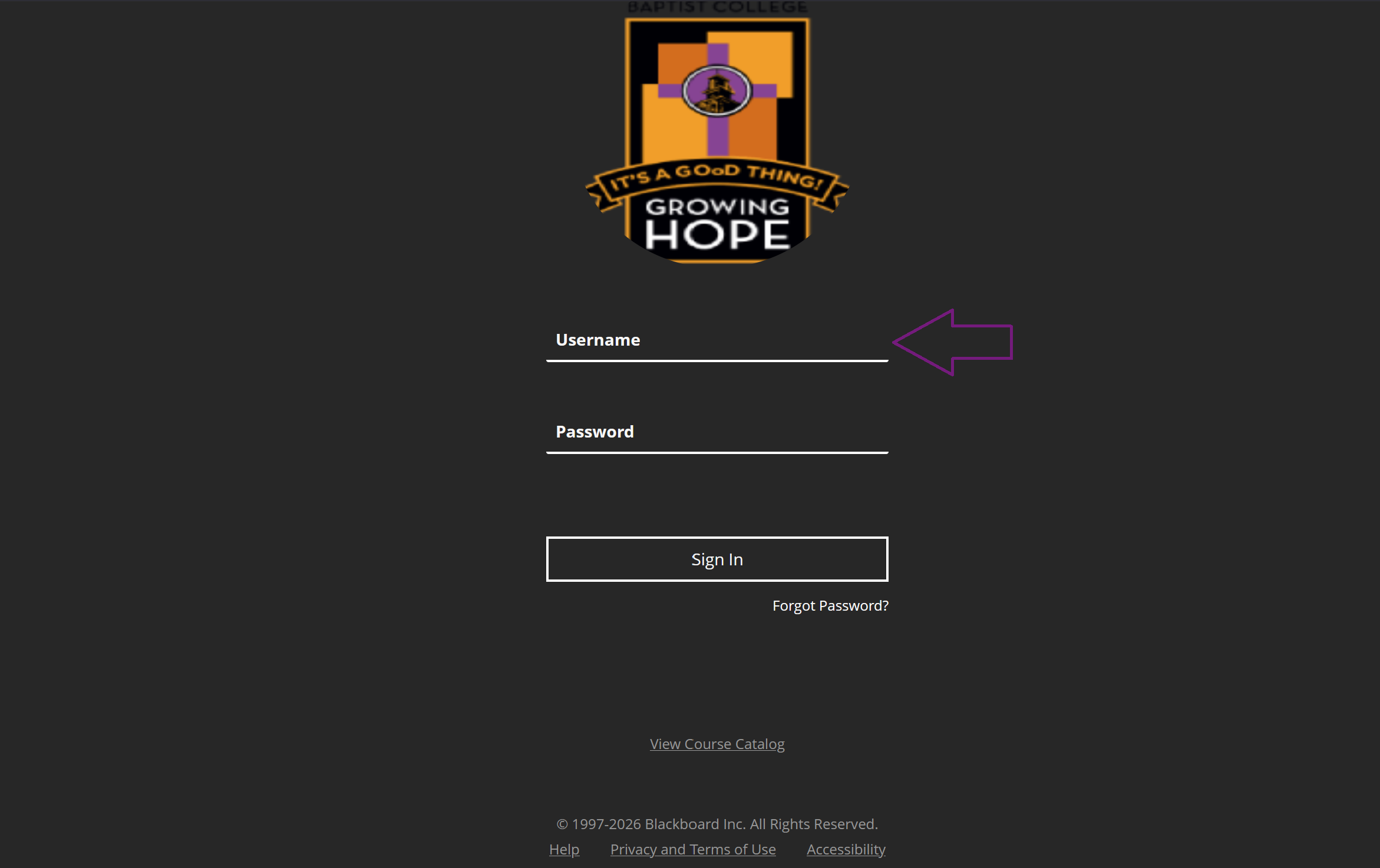 Blackboard login page showing the Username field highlighted with an arrow and Password field ready for entry