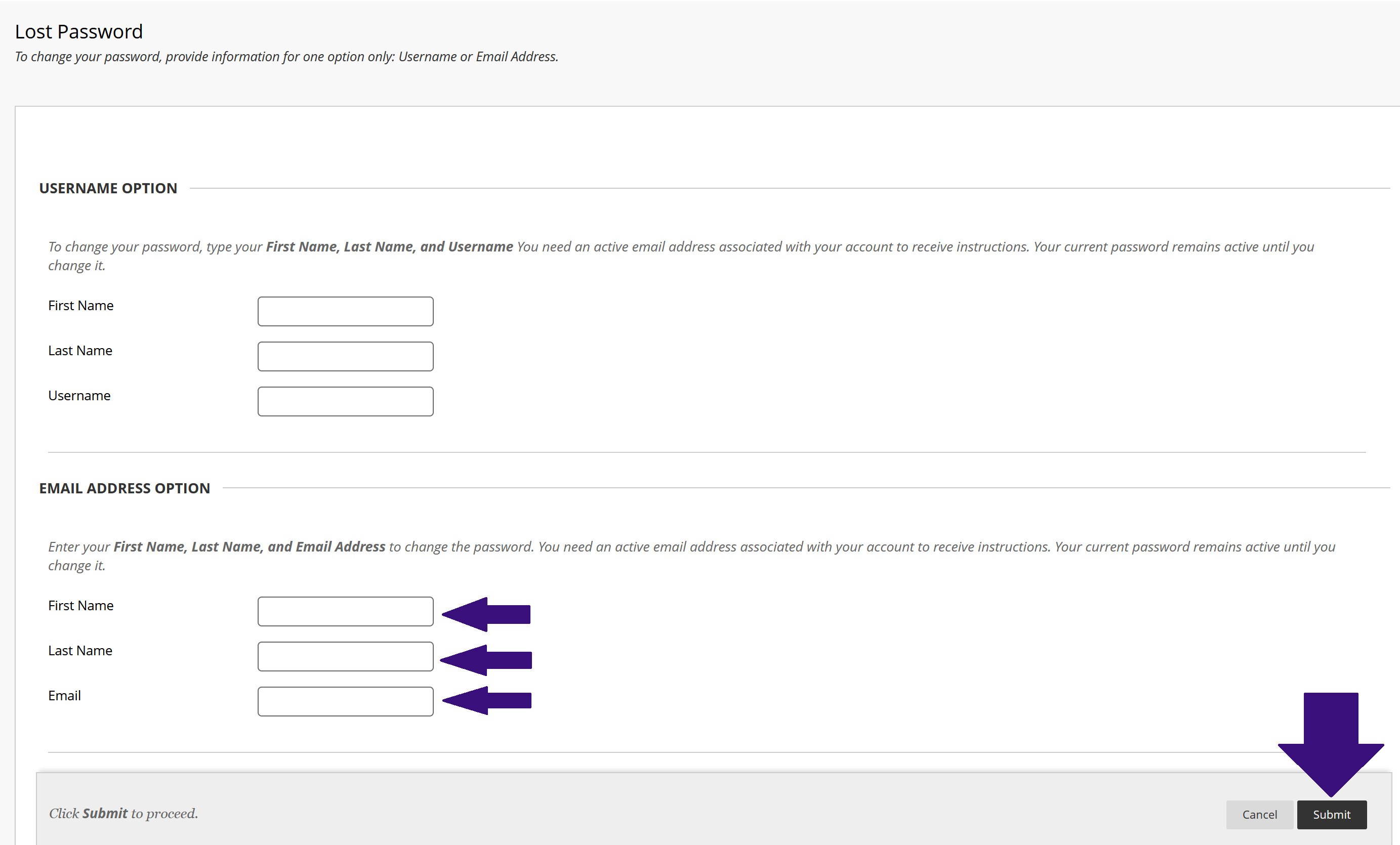 Lost Password form showing fields for First Name, Last Name, and Email Address with arrows highlighting the required fields and a down arrow pointing to the Submit button