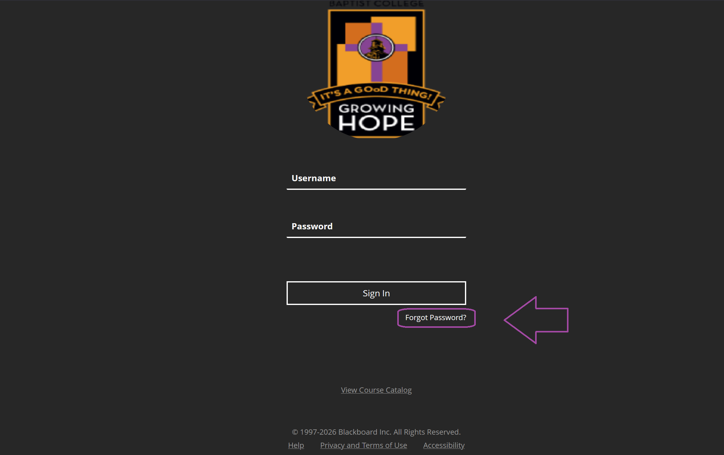 Blackboard login page showing the Forgot Password button with an arrow pointing to it
