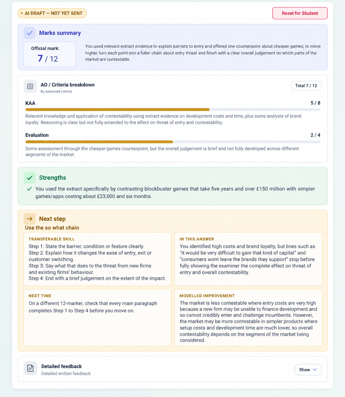 TeachEdge feedback card showing a mark summary, assessment criteria, strengths and a four-part Next step section
