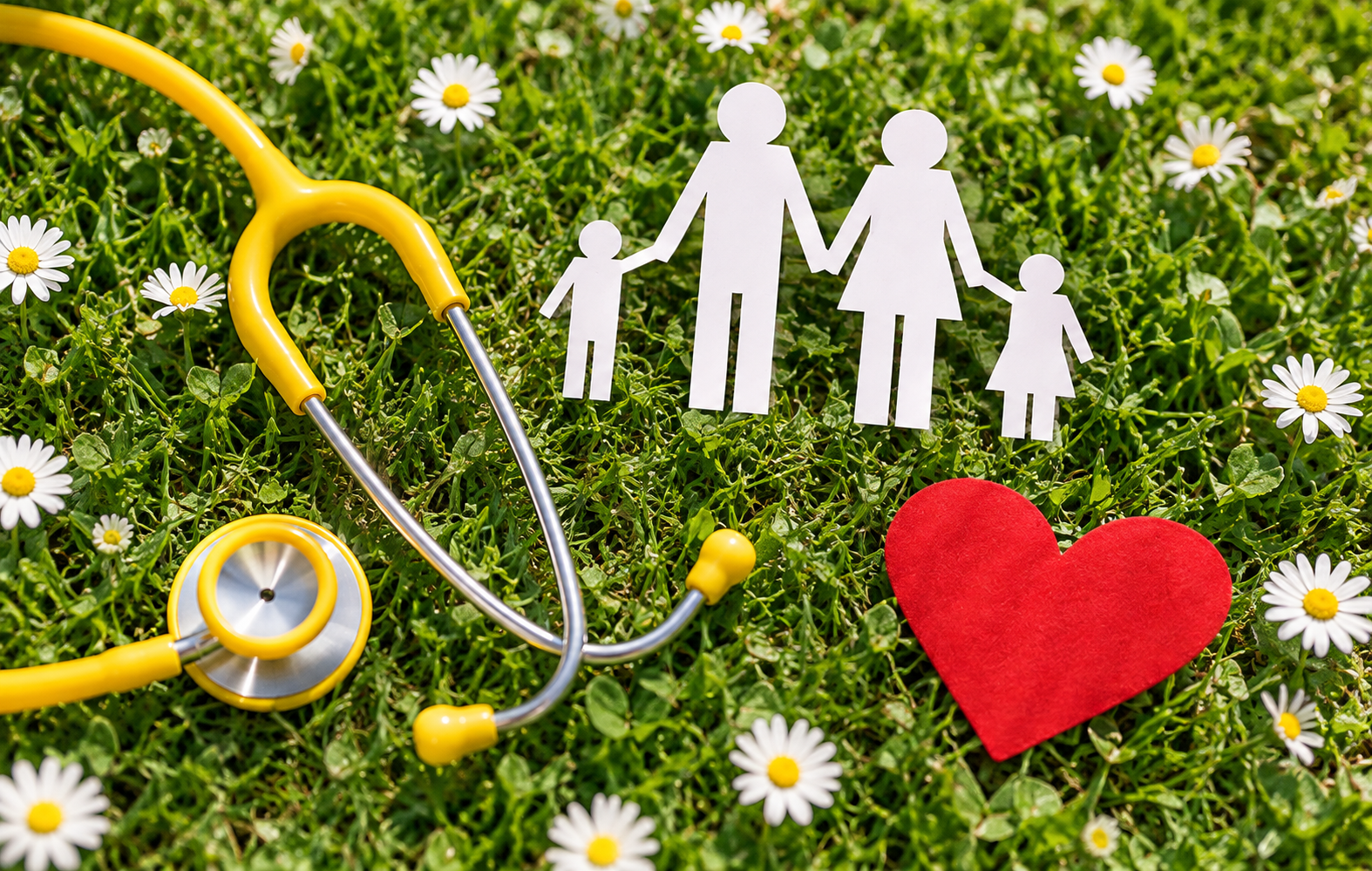 Stetoscopio, famiglia stilizzata e cuore rosso su un prato fiorito