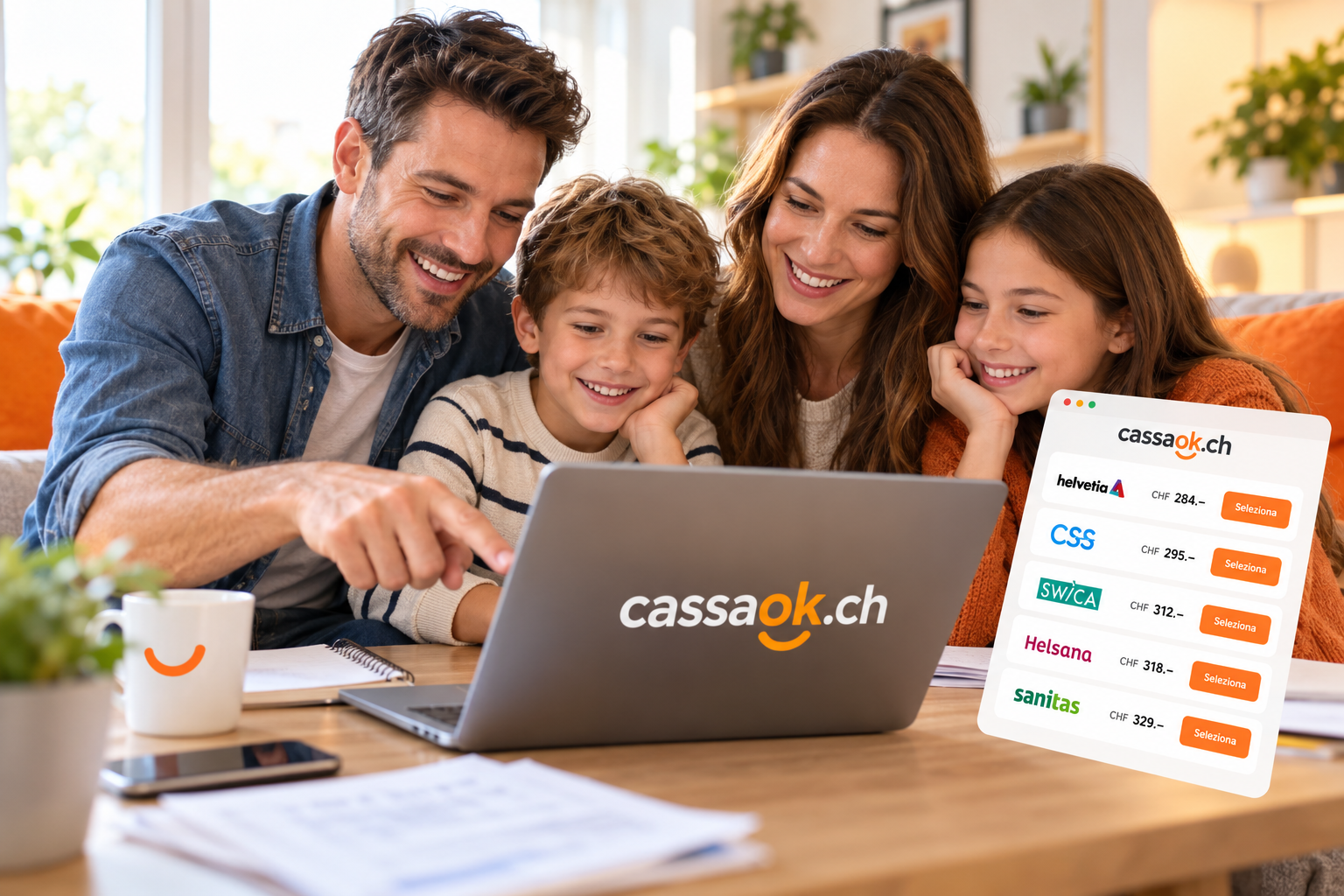 Famiglia che confronta le offerte della cassa malati su un laptop