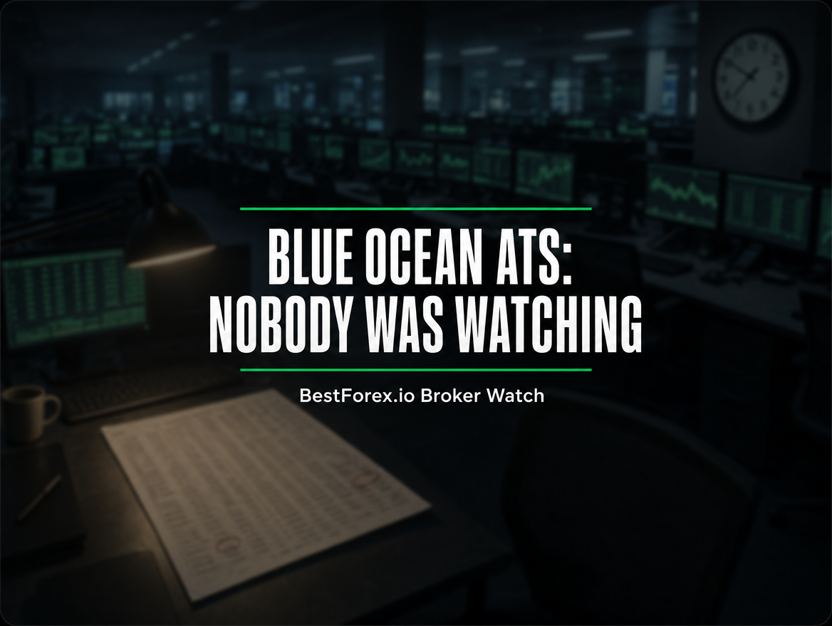 Empty overnight trading operations room — Blue Ocean ATS FINRA enforcement action. BestForex.io Broker Watch regulatory analysis.