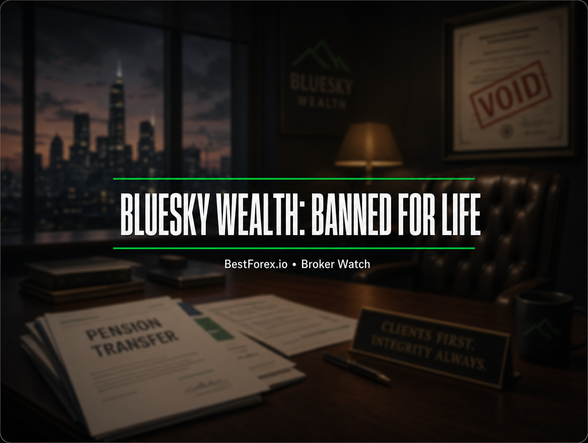 Financial adviser's abandoned office with pension transfer documents and a voided certificate — Bluesky Wealth FCA enforcement. BestForex.io Broker Watch.