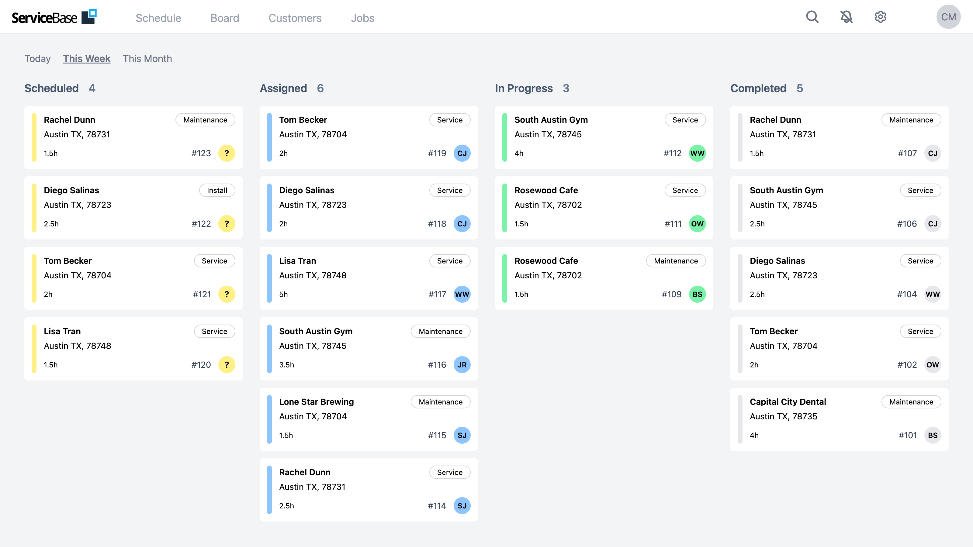 ServiceBase board view — service jobs sorted into Scheduled, Assigned, In Progress, and Completed columns, each card showing the customer, location, job type, duration, and assigned technician