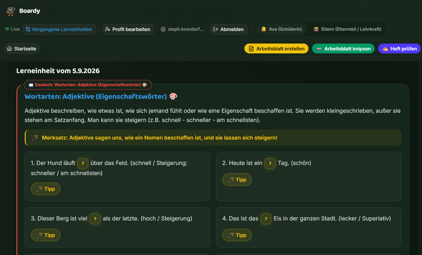 Beispiel-Übung zu Wortarten (Adjektive) im Fach Deutsch mit Merksatz und mehreren Lückentext-Aufgaben inklusive Tipp-Buttons