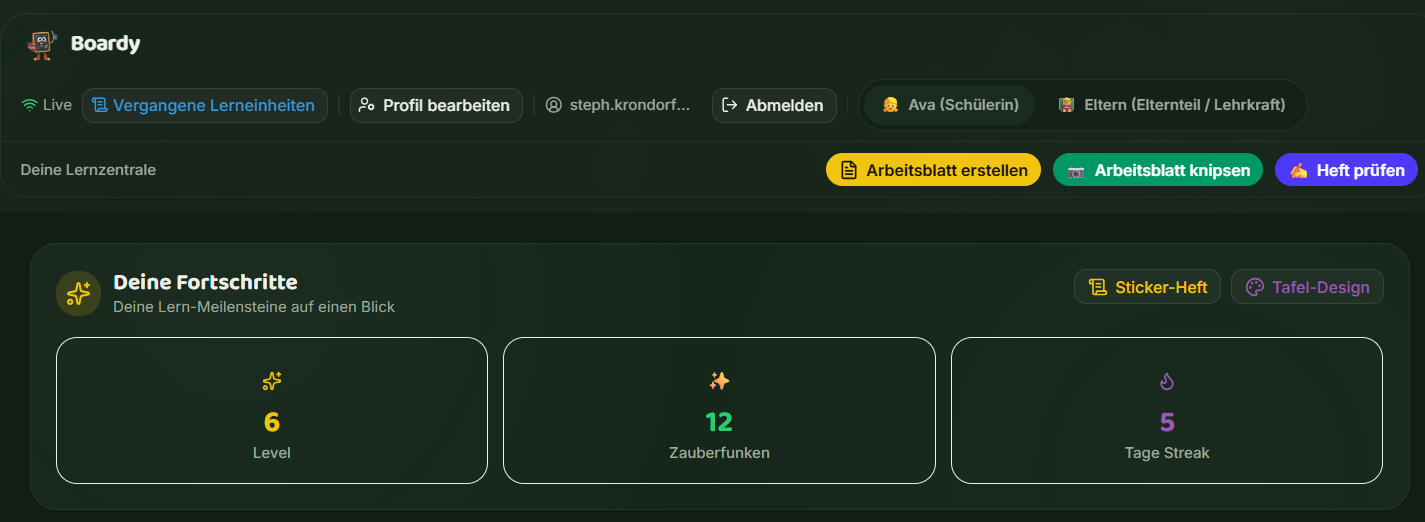 Fortschritts-Karte mit Level 6, 12 Zauberfunken und 5 Tage Streak