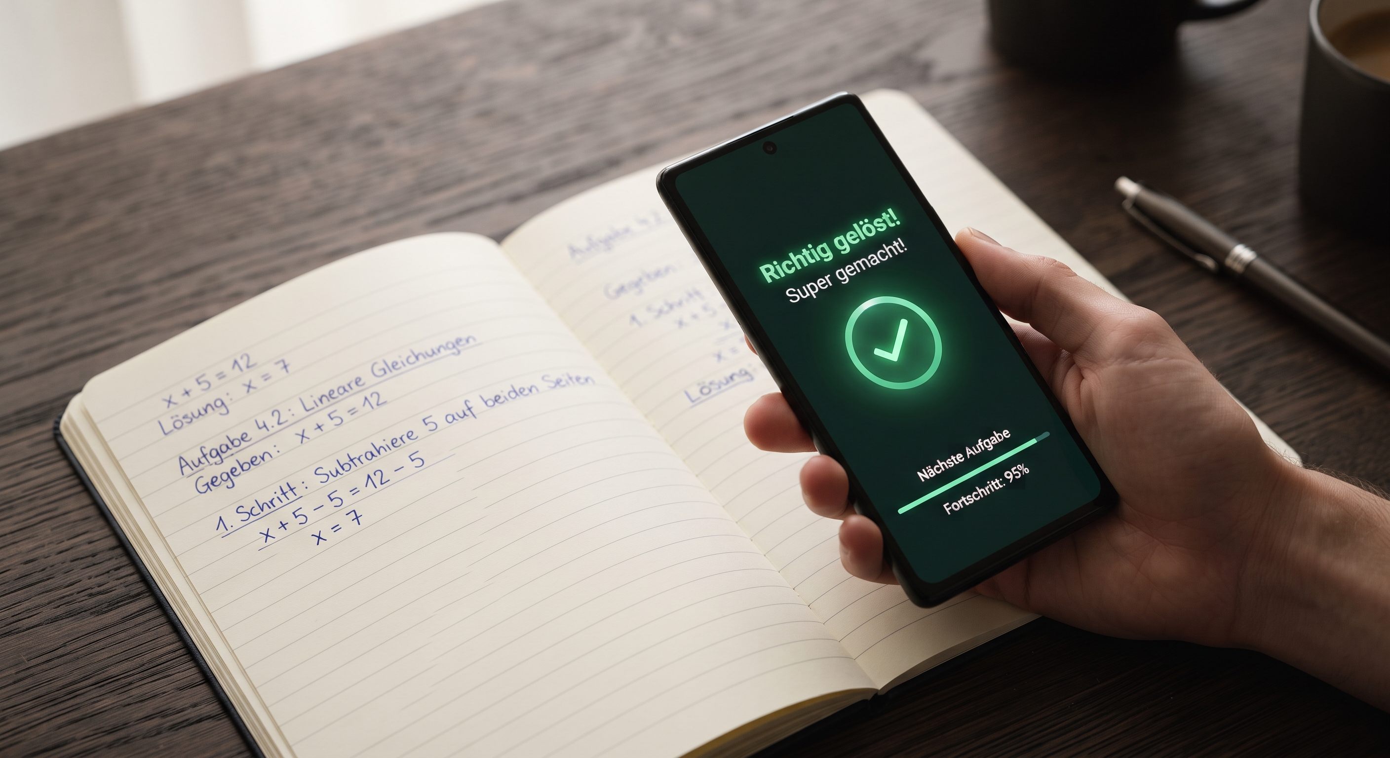 Eine Hand hält ein Smartphone über ein aufgeschlagenes Matheheft, auf dem Bildschirm erscheint die Meldung 'Richtig gelöst! Super gemacht!' mit einem grünen Häkchen.