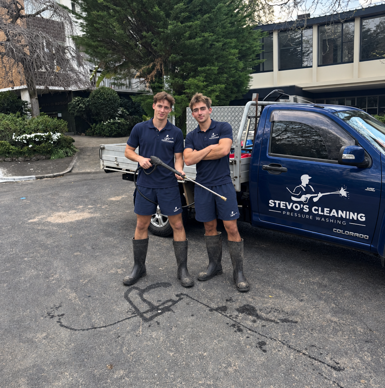 Stevo's Cleaning team with their pressure washing vehicle