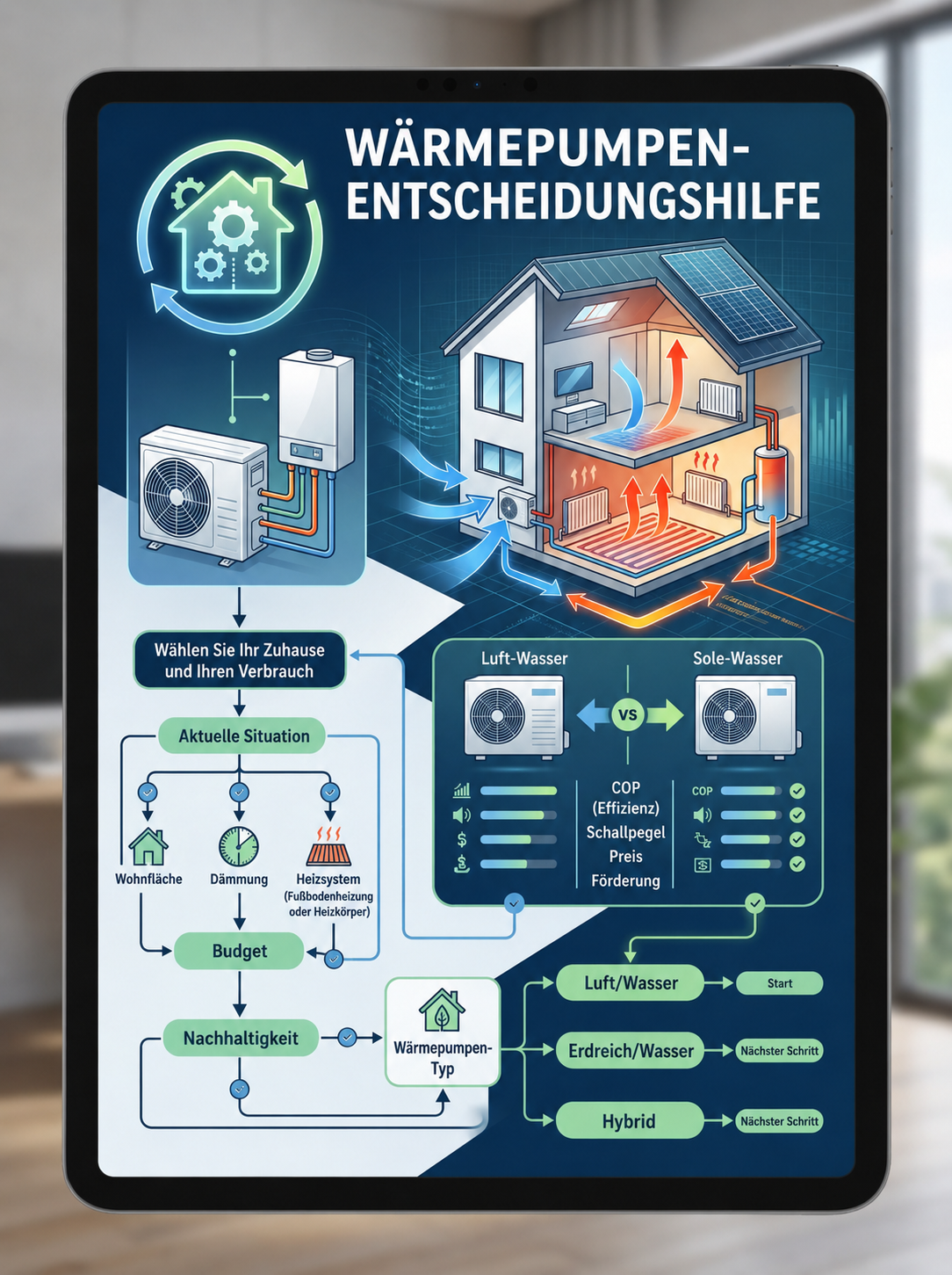 Bonus 4: Wärmepumpen-Entscheidungshilfe — Infografik auf Tablet