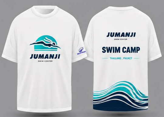 Free camp t-shirt with Jumanji Swim Camp print