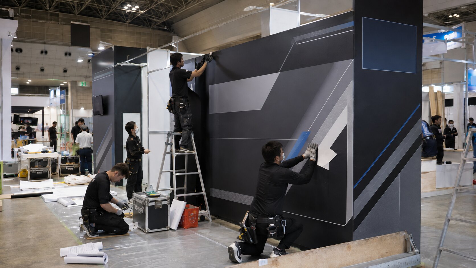 Certified installation team fixing large-format graphic panels to a booth structure on the exhibition floor in Japan