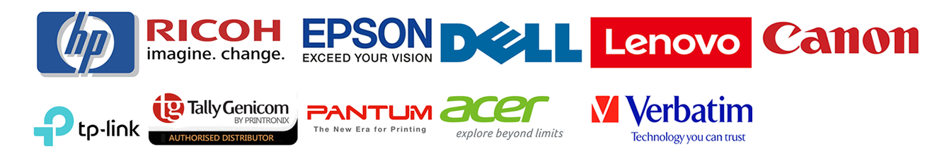 Logos for HP, Ricoh, Epson, Dell, Lenovo, Canon, TP-Link, TallyGenicom by Printronix, Pantum, Acer and Verbatim