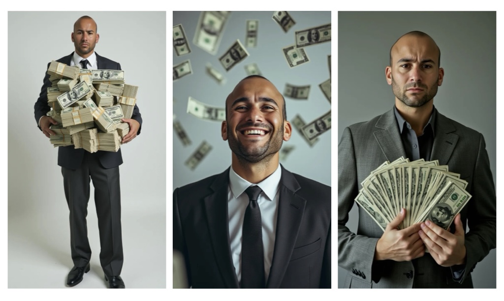 Triptych of businessman with money - holding stacks of cash, smiling with money falling, and fanning dollar bills