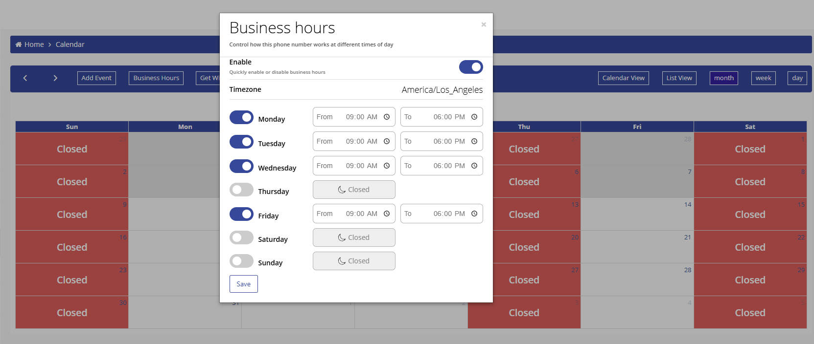 Business hours configuration interface