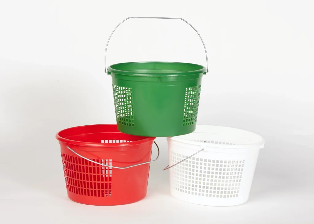 Our picking buckets available in green, red, and white colors