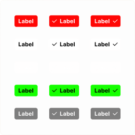 Label and badge components in red, gray, and green variants