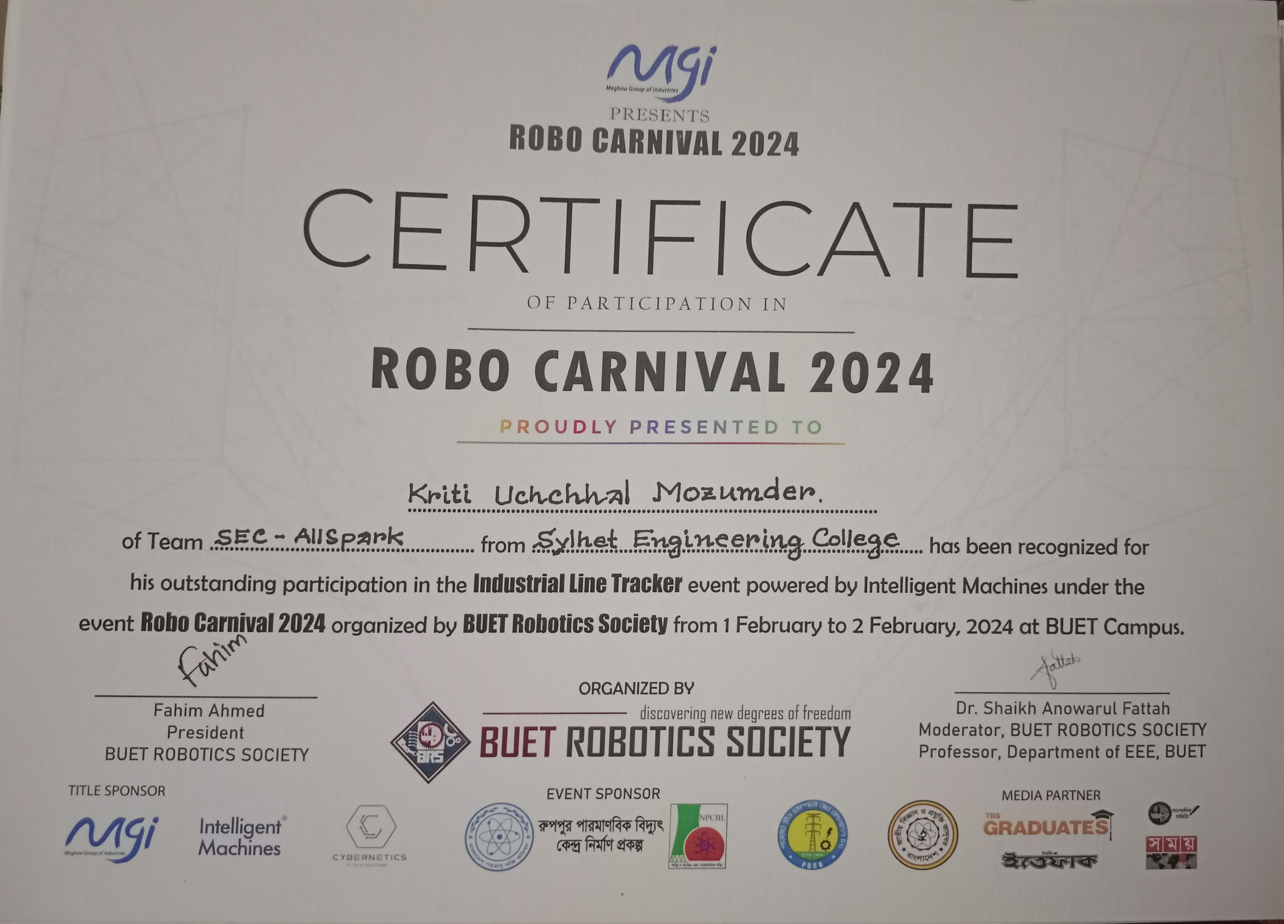 Robo Carnival 2024 Certificate