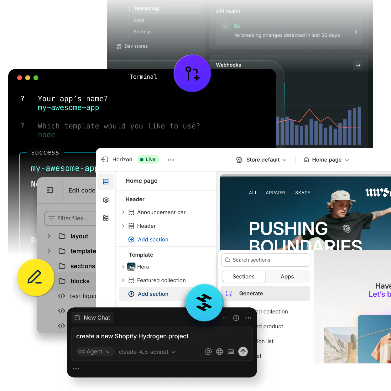 Shopify storefronts, theme editor, and development tools arranged in a layered showcase