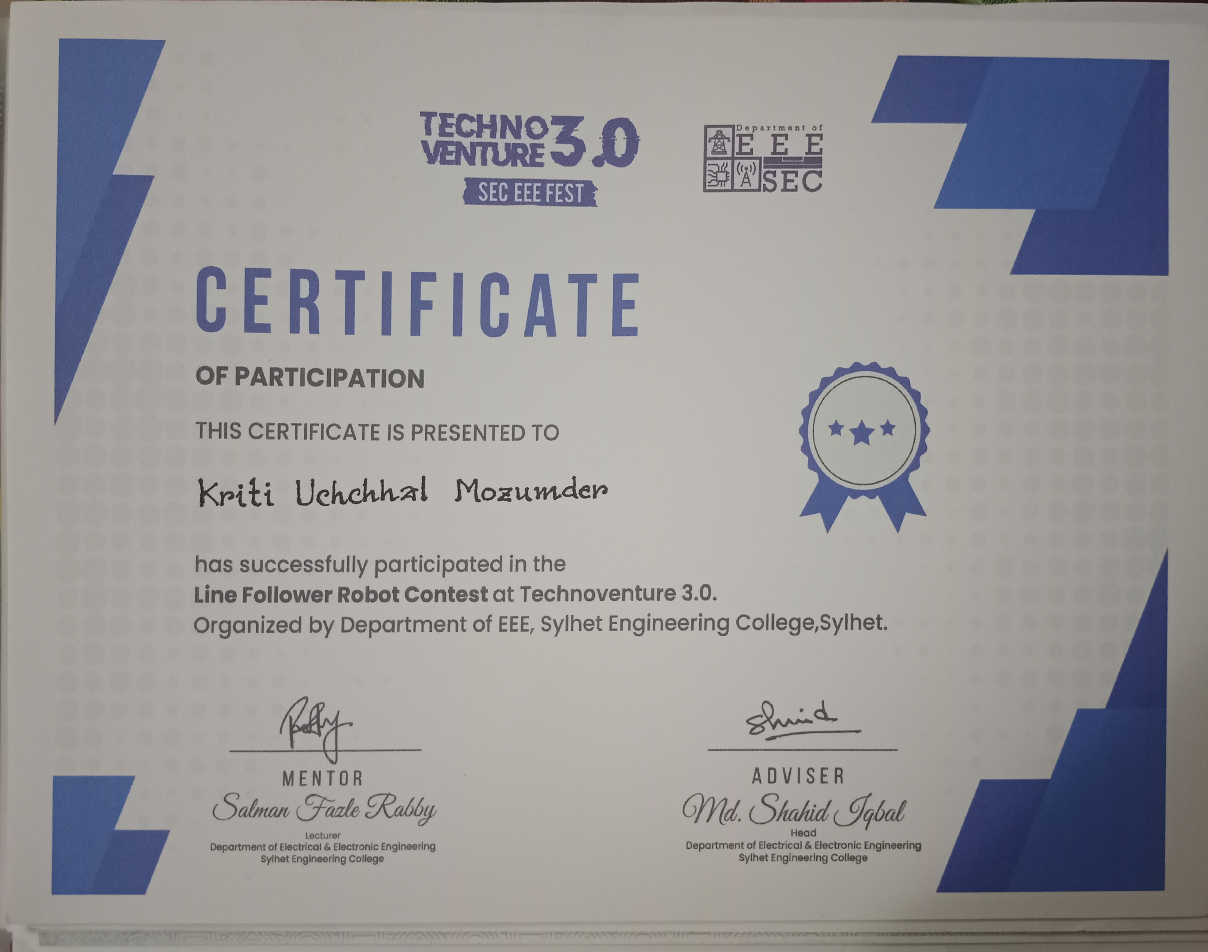 Technoventure 3.0 Certificate