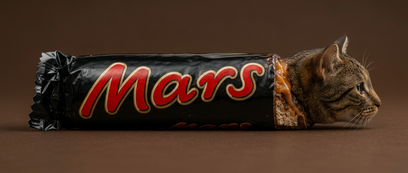 Mars Cat — a cat emerging from a Mars bar wrapper