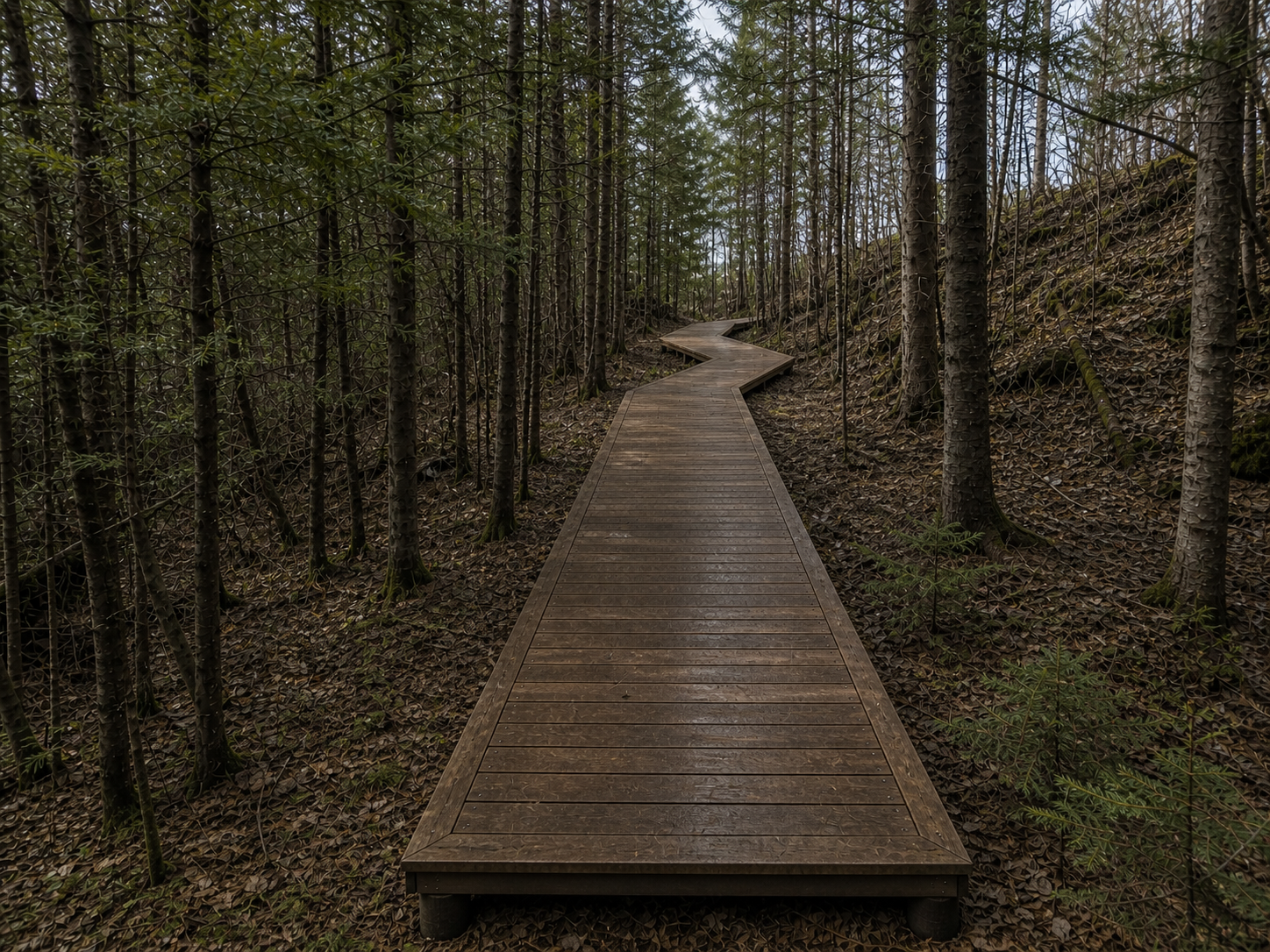 Sentier de bois serpentant à travers la forêt boréale