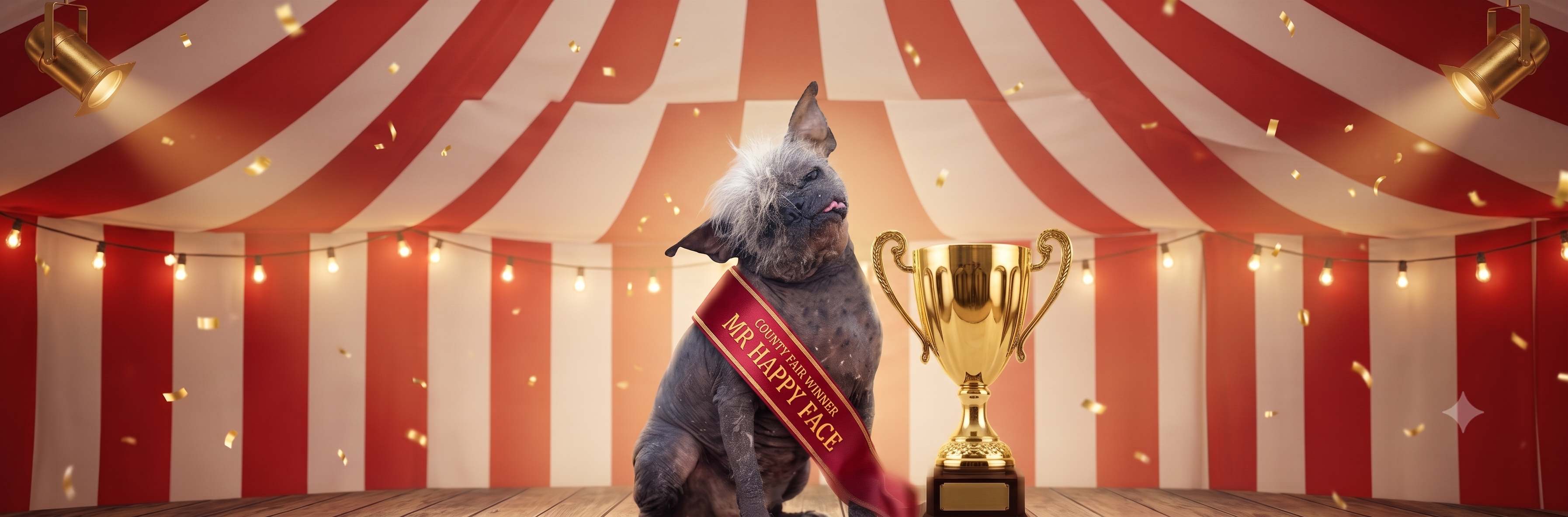 Mr Happy Face on stage wearing County Fair Winner sash with gold trophy