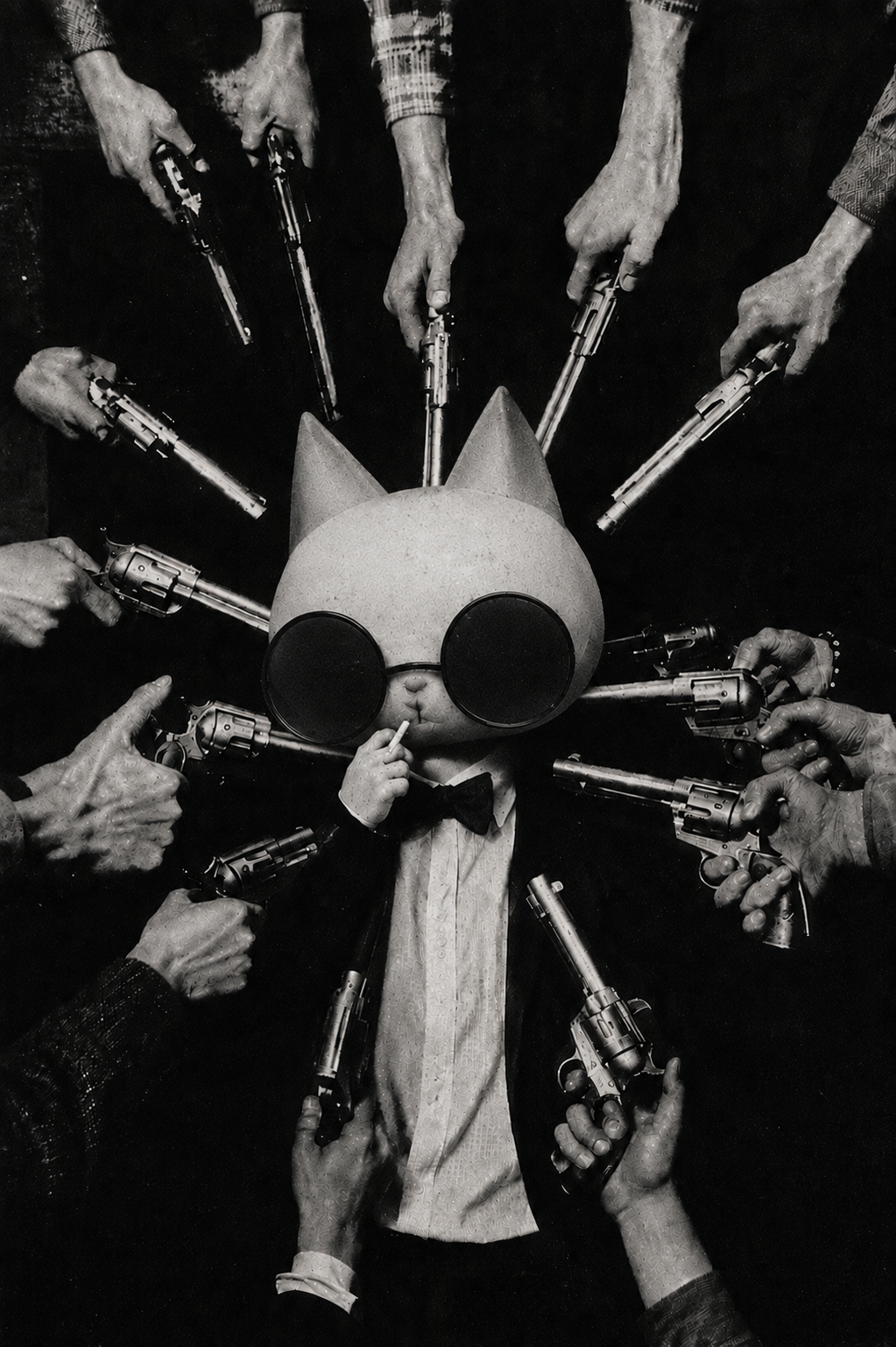 Wisker — surrounded by ten revolvers, cigarette lit, unperturbed.