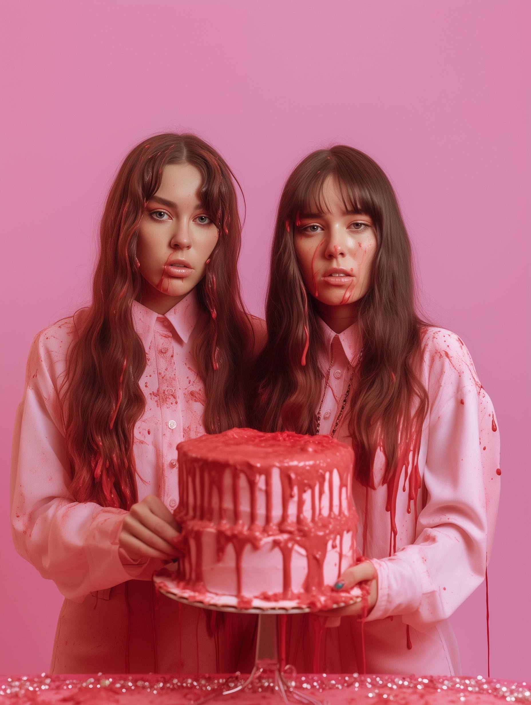 Two young women in pink shirts splattered with red icing, holding a tiered pink cake, their expressions neutral and somber despite the cute aesthetic
