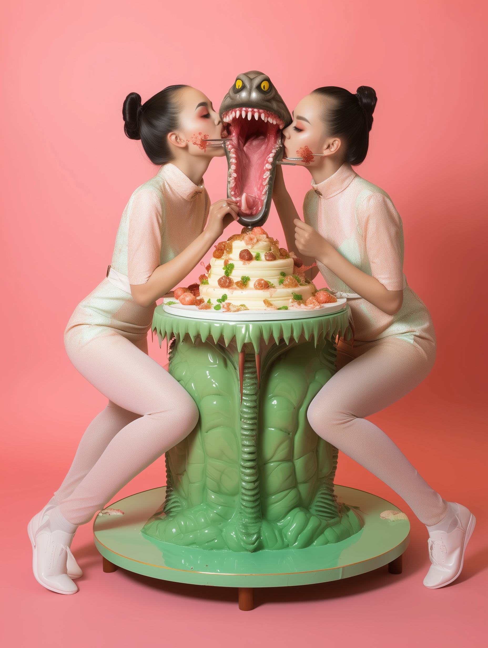 Two identical women in ballet attire sitting on either side of a monster-shaped table with a cake, a creature's head emerging between them