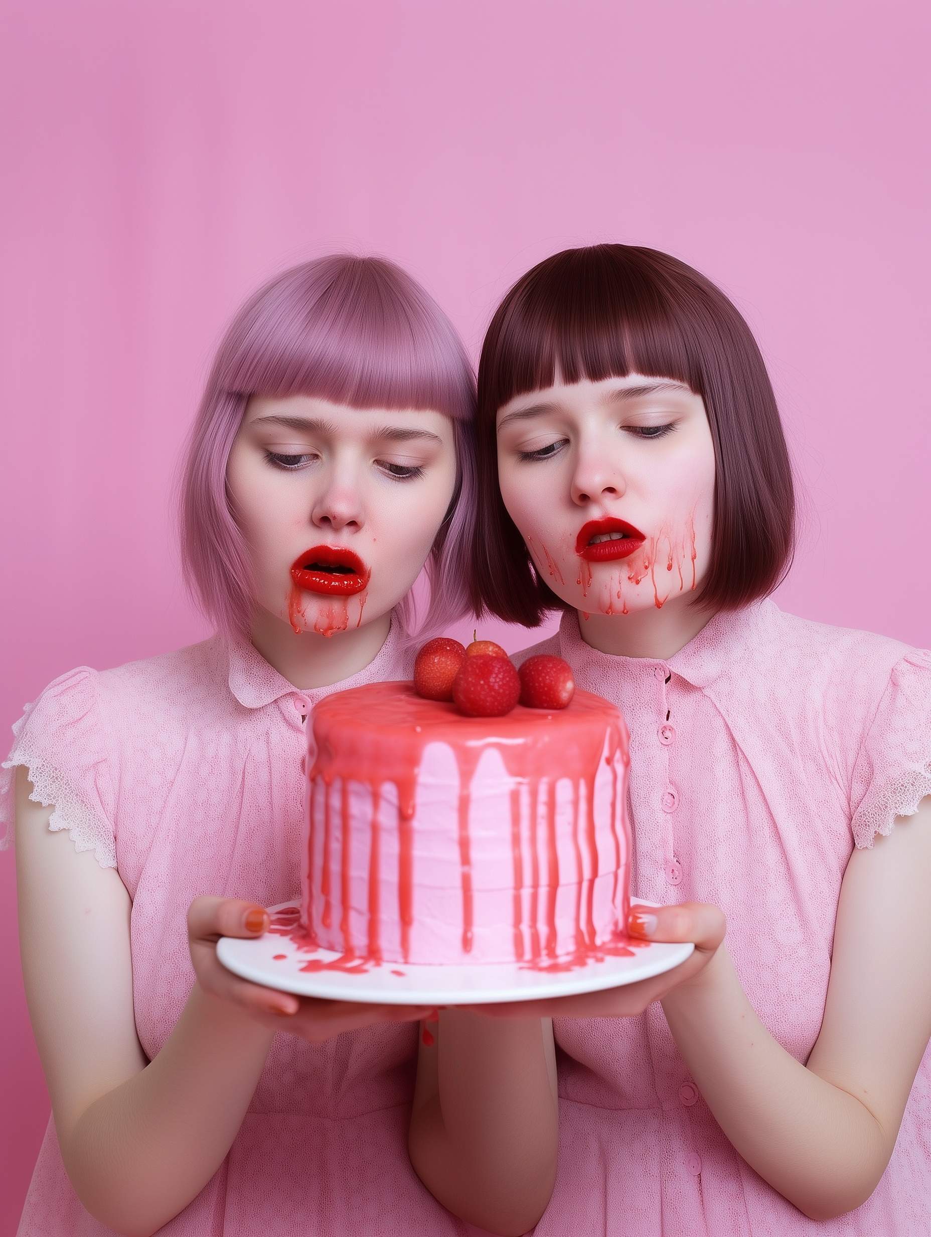 Two young women with bob haircuts holding a pink dripping cake, their lips dripping with red, expressions vacant and melancholic