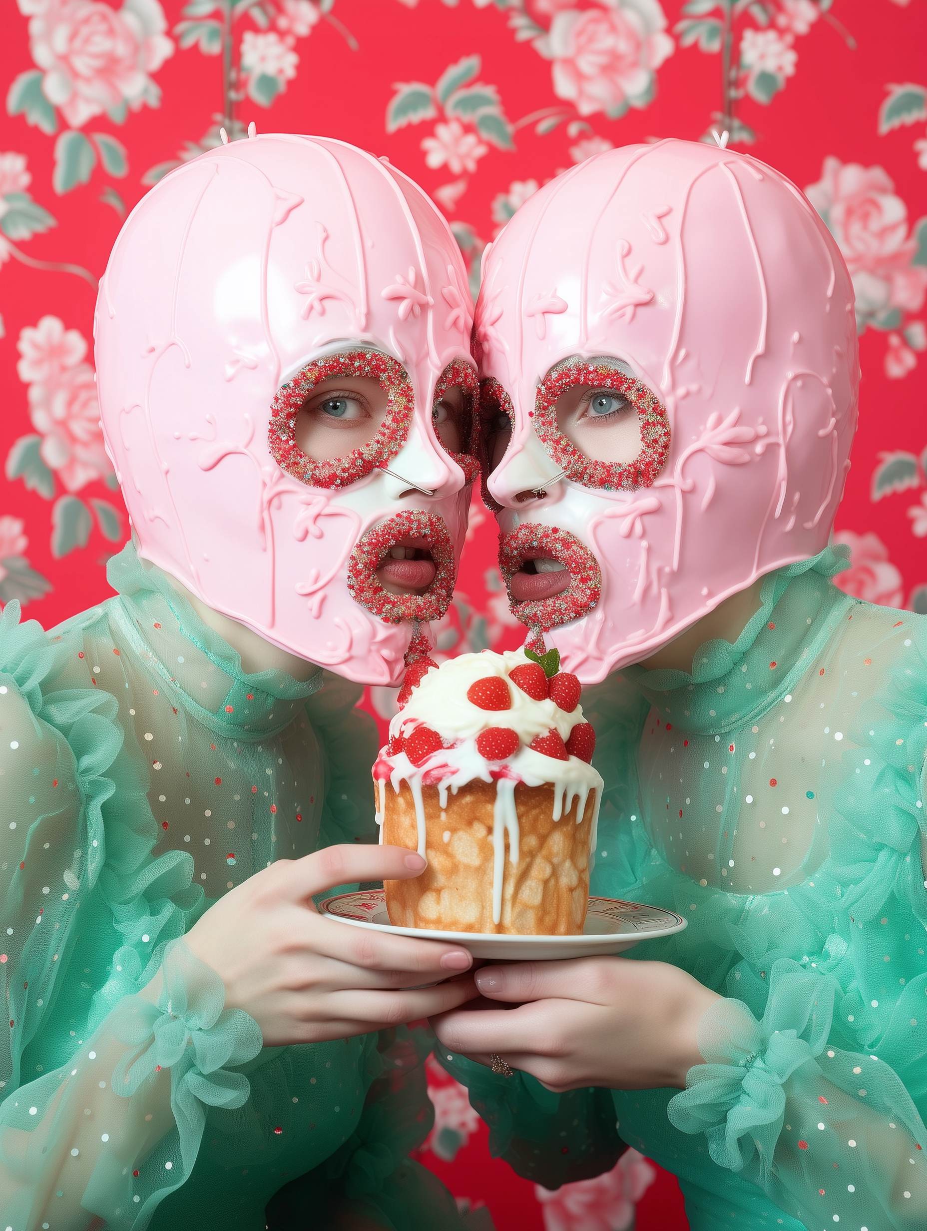 Two figures wearing pink glossy masks with sprinkle-rimmed openings, in mint green ruffled tops, holding a cupcake against red floral wallpaper