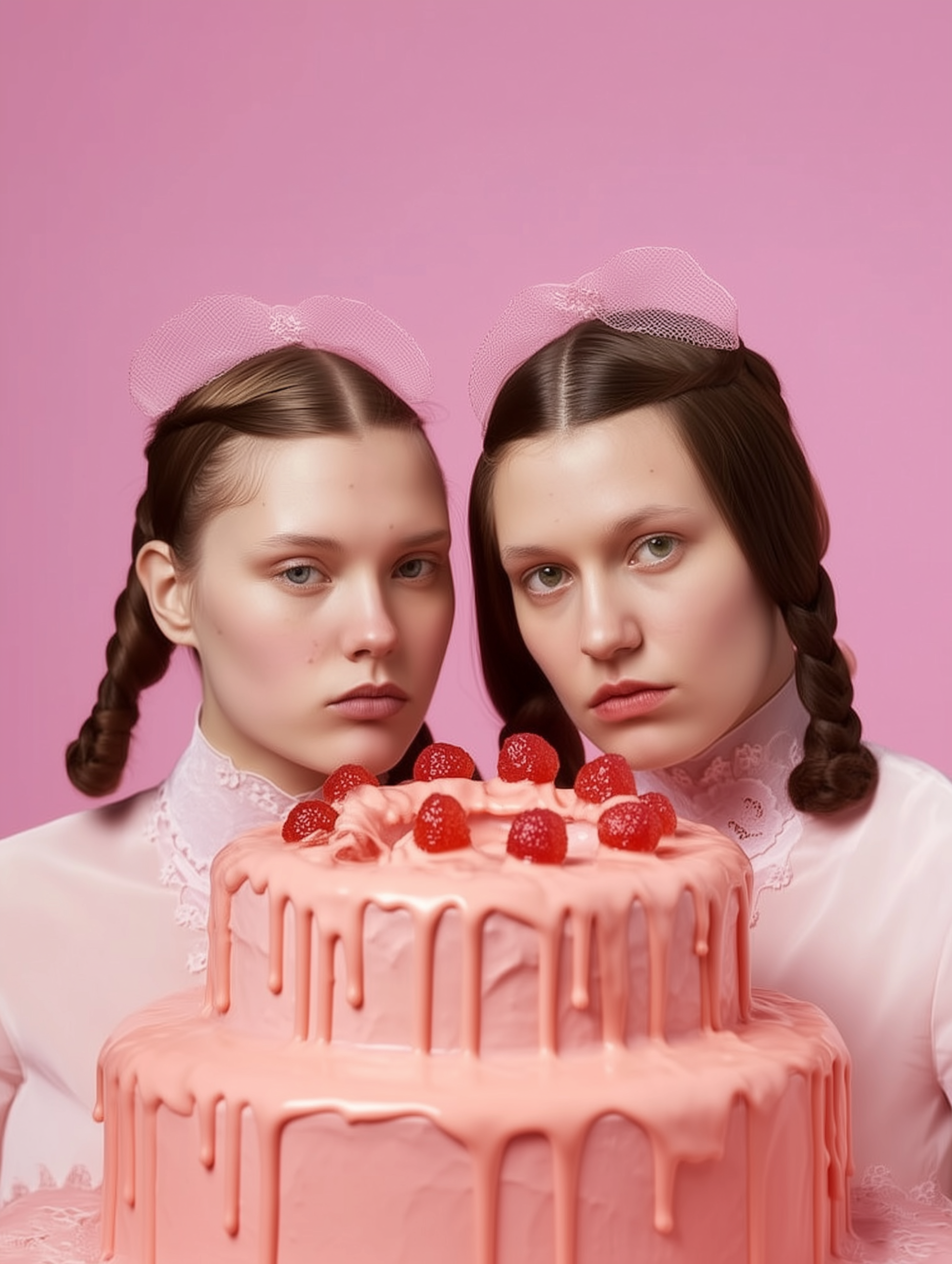 Two young women with braided hair and pink bows, looking at a pink tiered dripping cake with serious, unhappy expressions