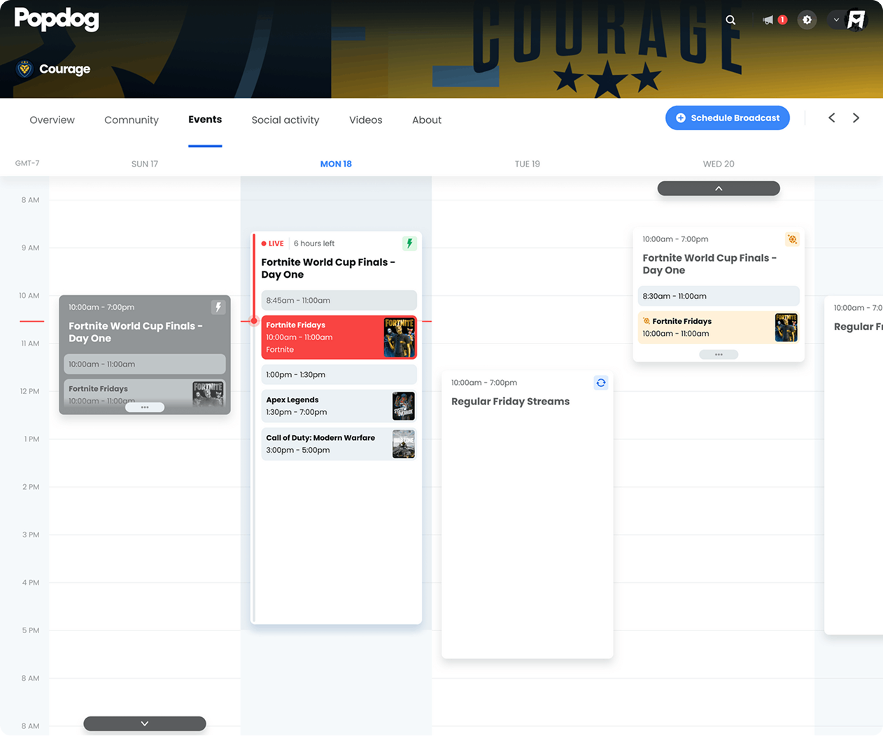 Events calendar view showing scheduled broadcasts with Fortnite World Cup Finals and regular streams