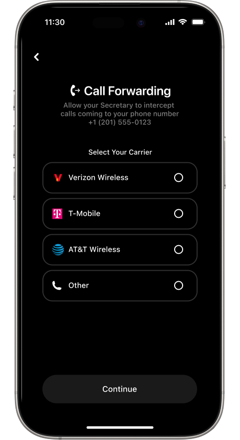 Call Forwarding screen showing carrier selection: Verizon Wireless, T-Mobile, AT&T Wireless, and Other