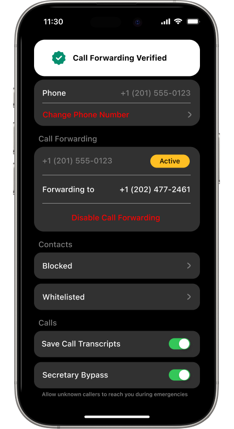 Phone settings with Call Forwarding Verified green checkmark and Active status badge