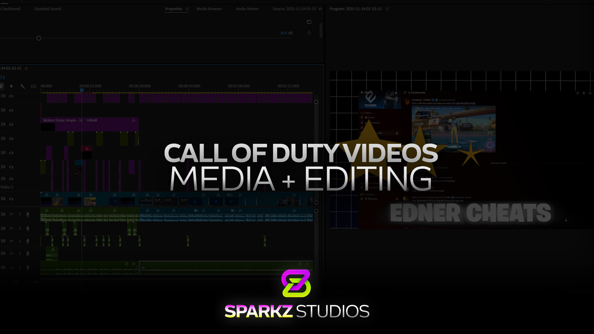 Call of Duty media and editing showcase with a multitrack video timeline and promotional graphics.
