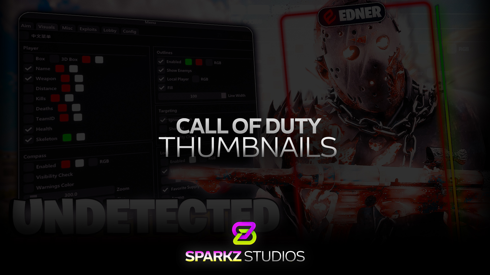 Call of Duty thumbnail showcase with a masked soldier, a red weapon, and a dark software interface.